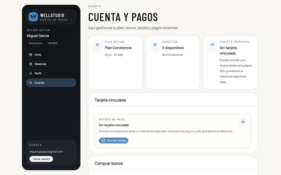Cuenta del socio con bonos, créditos y tarjeta