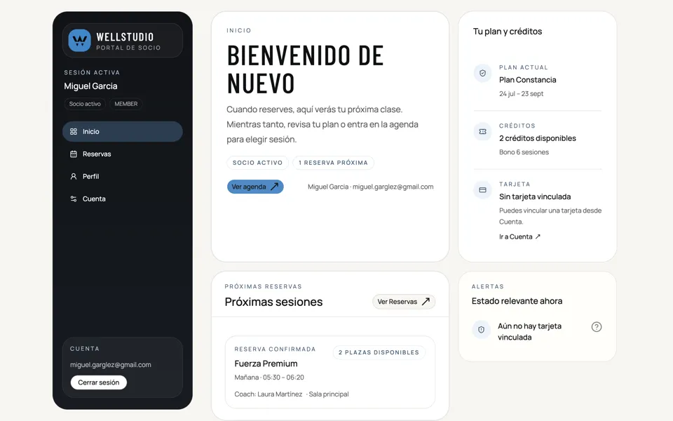 Portal de socio WellStudio con inicio y cobertura