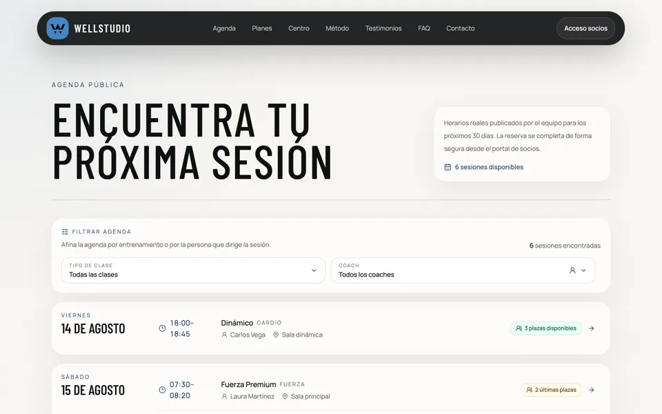 Agenda pública de WellStudio con clases y disponibilidad