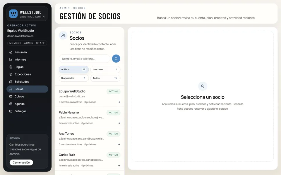 Gestión de socios en el backoffice del centro